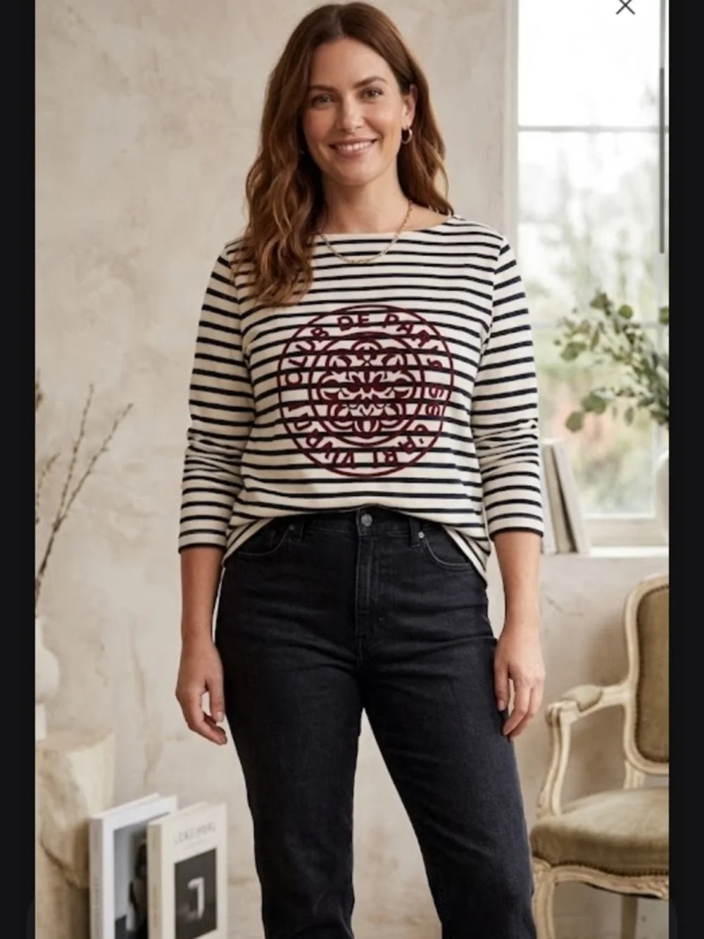 J. Crew White & Black Striped Sweater with Red Graphic